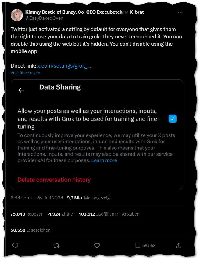 Screenshot eines Tweets, in dem ein Benutzer über eine standardmäßig aktivierte Einstellung auf Twitter/X informiert, die die Nutzung von Nutzerdaten zur KI-Trainierung ermöglicht. Der Beitrag hebt hervor, dass diese Einstellung auf der Website versteckt ist und nicht über die mobile App deaktiviert werden kann. Ein Bildschirmfoto zeigt die „Data Sharing“-Einstellungen mit einem aktivierten Kontrollkästchen.