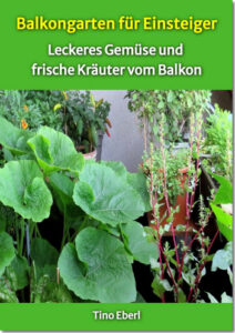 Ein Buchcover mit dem Titel „Balkongarten für Einsteiger“. Darunter steht „Leckeres Gemüse und frische Kräuter vom Balkon“. Im Hintergrund sind dichte, grüne Pflanzen und Kräuter in Töpfen auf einem Balkon zu sehen. Ganz unten auf dem Cover steht der Name „Tino Eberl“. Das Design ist in grünen und gelben Farbtönen gehalten.