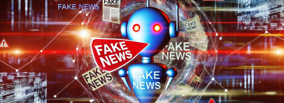 Illustration eines Roboters, der mit einem Megafon "Fake News" verbreitet, umgeben von Warnsymbolen und Schlagzeilen.