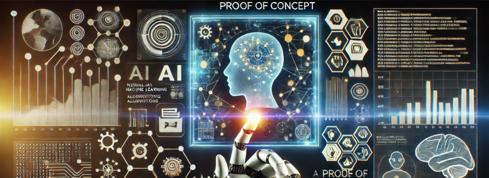 Darstellung einer digitalen menschlichen Silhouette, verbunden mit Netzwerkgrafiken, KI-Symbolen und Datencharts, begleitet von einer Roboterhand.