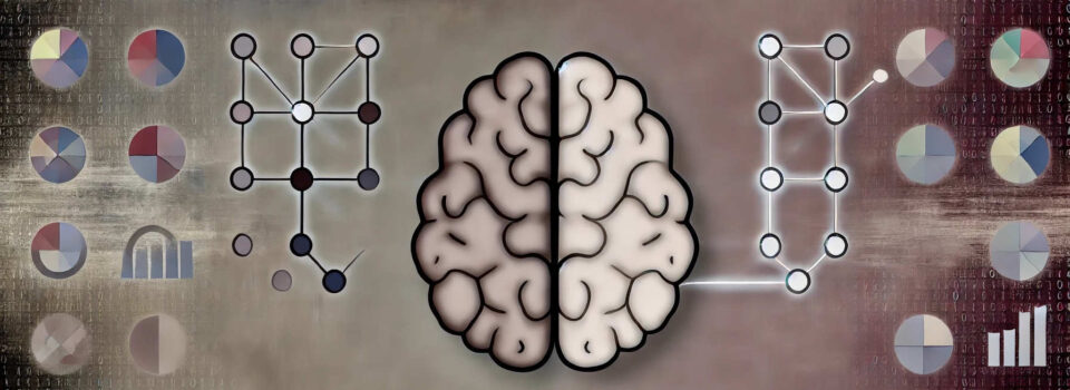 Illustration eines Gehirns in der Mitte, umgeben von Diagrammen, Netzwerken und Binärcode auf einem abstrakten Hintergrund.