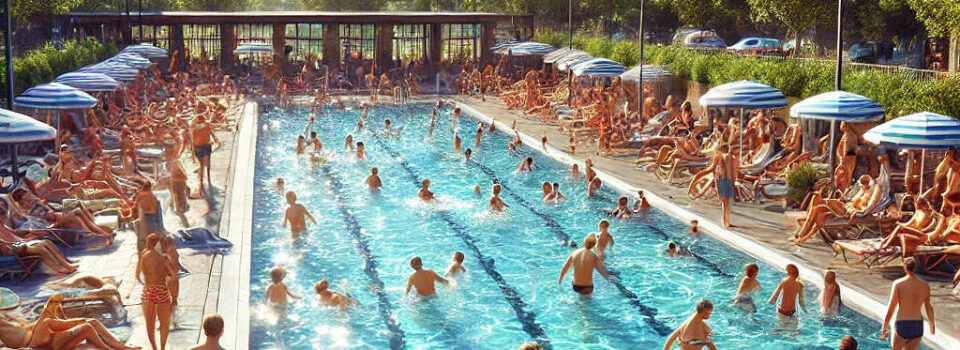 Ein Freibad mit einem großen rechteckigen Schwimmbecken, das von vielen Menschen bevölkert ist. Einige schwimmen im Wasser, während andere am Beckenrand sitzen oder stehen. Rund um das Becken sind zahlreiche Sonnenliegen aufgestellt, die fast alle von Menschen besetzt sind.