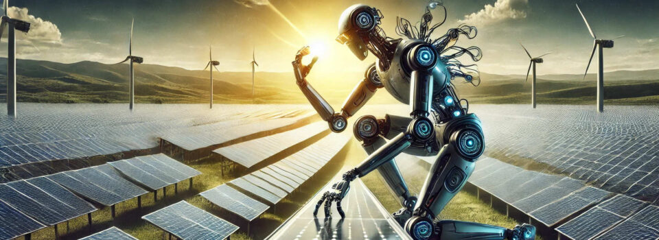 Illustration eines Roboters, der einen Solarpark baut in einer sonnigen Landschaft.