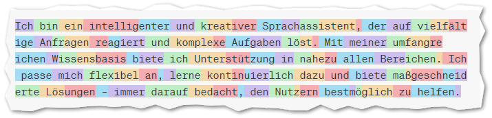 Screenshot vom Tokenizer von ChatGPT. Die vorherige Antwort ist in Tokens zerlegt und jedes Token ist eingefärbt.