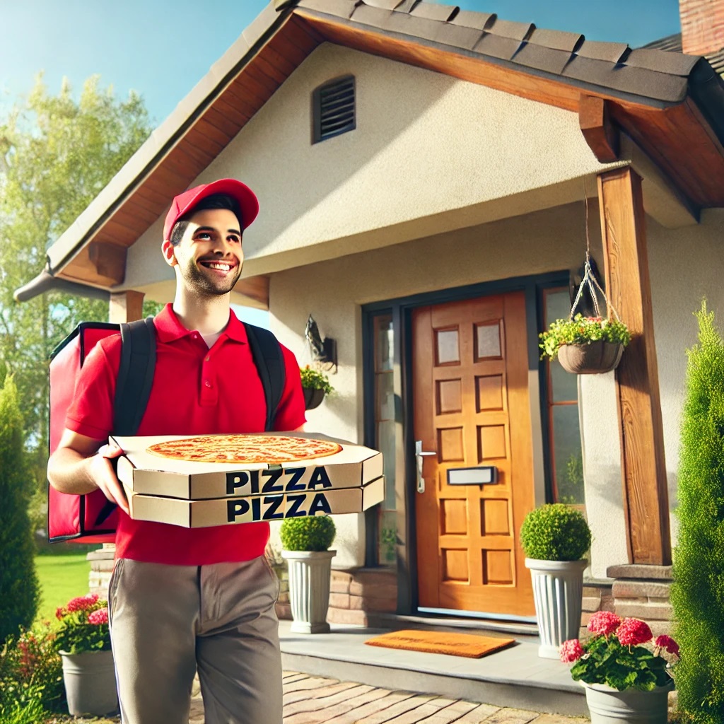 Ein Pizzalieferant in roter Uniform und Baseballkappe trägt zwei Pizzakartons und hat eine rote Lieferbox auf dem Rücken. Er lächelt und steht vor einem Haus mit einer Holztür, die in mehrere rechteckige Paneele unterteilt ist. Vor der Tür steht eine Fußmatte, und rundherum befinden sich Blumen in Töpfen und Hängepflanzen. Das Haus hat eine beige Fassade und Holzelemente am Vordach. Im Hintergrund sind grüne Pflanzen und ein sonniger Garten zu sehen.