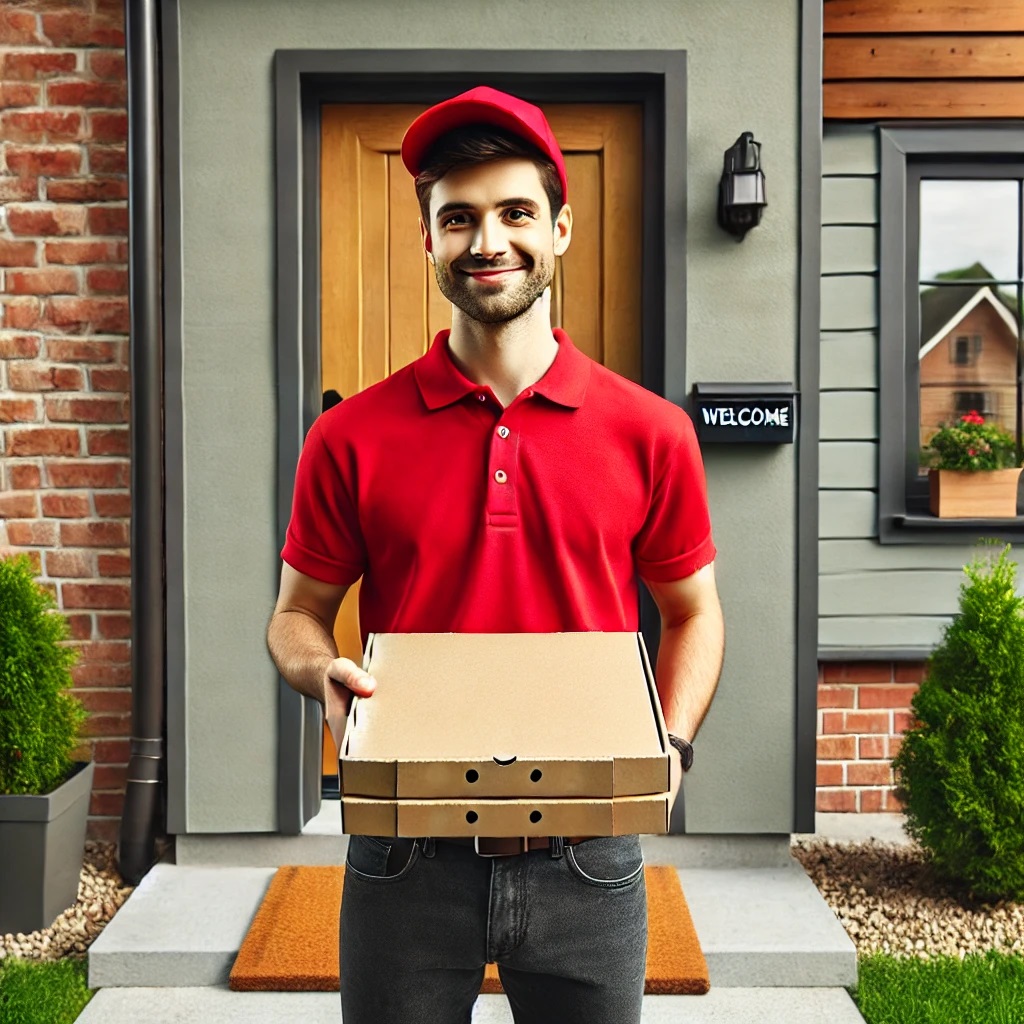 Ein Pizzalieferant in rotem Poloshirt und roter Baseballkappe steht vor einer Haustür und hält zwei geschlossene Pizzakartons. Die Haustür ist aus Holz, und neben ihr befindet sich eine Außenlampe. Ein kleines Schild mit der Aufschrift "Welcome" hängt an der Wand. Die Hausfassade besteht aus grauem Putz, roten Ziegeln und Holzverkleidung. Im Vordergrund liegt eine Fußmatte, und es sind kleine Büsche und ein Fenster mit einem Blumenkasten zu sehen. Im Hintergrund spiegeln sich weitere Häuser im Fenster.