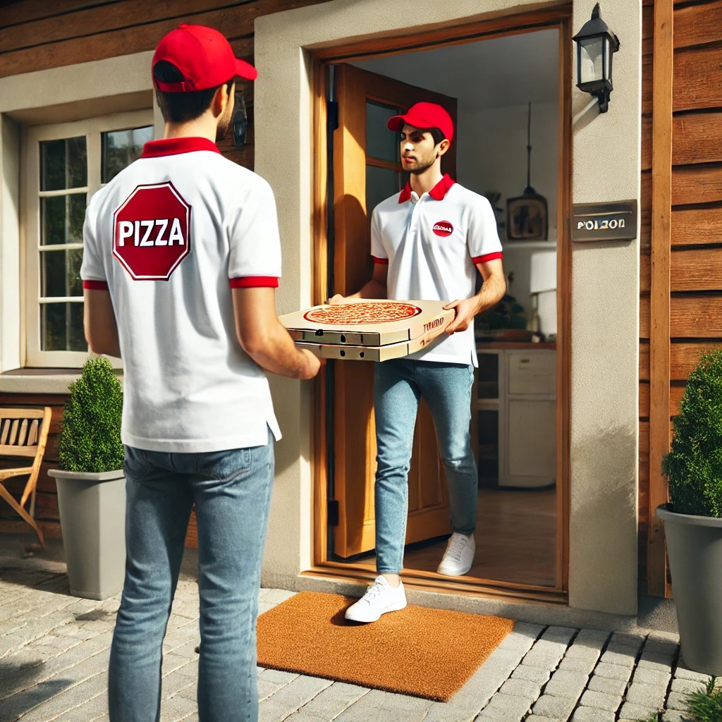 Zwei Pizzalieferanten in weißen Poloshirts mit roten Kragen und roten Baseballkappen stehen vor einer Haustür. Einer steht draußen mit dem Rücken zur Kamera, das Wort "Pizza" ist auf seinem Shirt zu sehen. Der andere Lieferant steht in der Tür und hält zwei Pizzakartons in den Händen. Die Haustür ist aus Holz, und neben ihr hängt eine schwarze Außenlampe. Vor der Tür liegt eine Fußmatte, und im Eingangsbereich sind Küchenschränke zu erkennen. Die Hausfassade besteht aus hellem Putz und Holzverkleidung, und neben der Tür steht eine Topfpflanze.