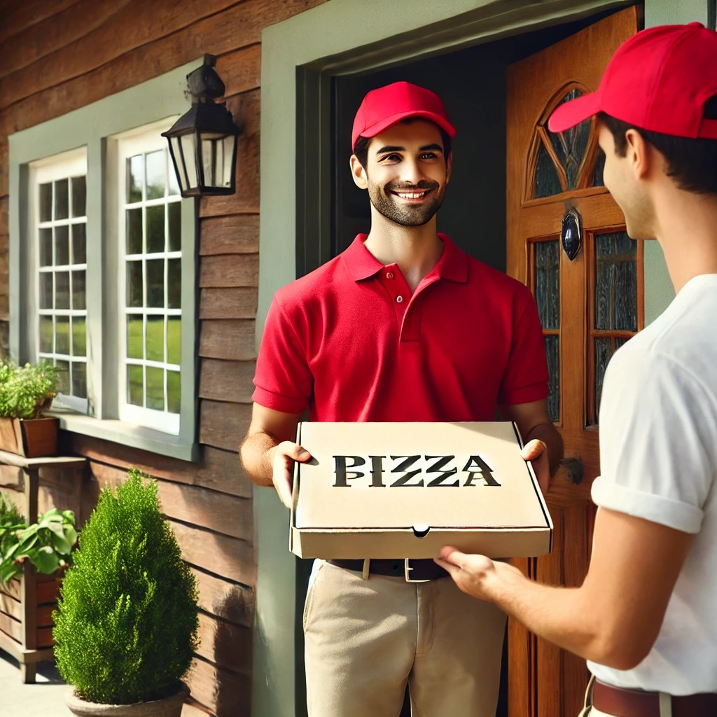 Ein Pizzalieferant in rotem Poloshirt und roter Baseballkappe steht lächelnd in einer geöffneten Haustür und hält einen geschlossenen Pizzakarton in der Hand. Ein Kunde, der ebenfalls eine rote Kappe trägt, steht vor ihm und greift nach der Pizza. Die Haustür ist aus Holz mit einem kleinen Glaseinsatz. Neben der Tür hängt eine schwarze Außenlampe, und im Hintergrund sind ein großes Fenster mit weißen Rahmen sowie Pflanzen in Töpfen auf einem Holztisch und neben der Tür zu sehen. Die Fassade des Hauses besteht aus Holzplanken.