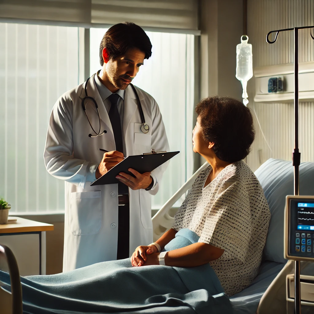 Ein Arzt steht am Bett einer älteren Patientin in einem Krankenhauszimmer und spricht mit ihr. Er trägt einen weißen Kittel und ein Stethoskop um den Hals, während er Notizen auf einem Klemmbrett macht. Die Patientin sitzt aufrecht im Bett, zugedeckt mit einer blauen Decke, und hört aufmerksam zu. Neben dem Bett ist ein Infusionsständer und ein medizinisches Monitorgerät zu sehen. Durch das große Fenster fällt sanftes Tageslicht in den Raum, was eine ruhige und professionelle Atmosphäre schafft.