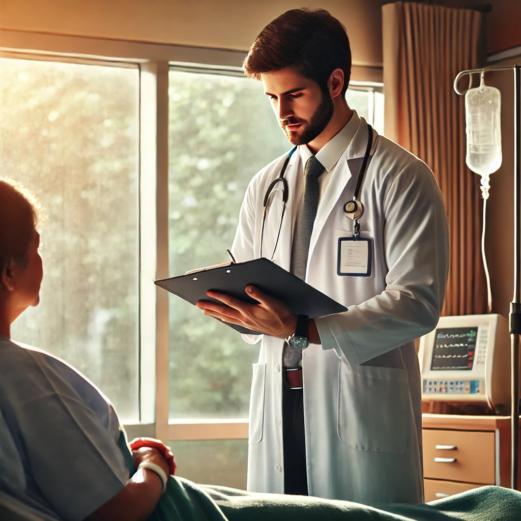 Ein junger Arzt steht am Bett einer Patientin in einem Krankenhauszimmer. Er trägt einen weißen Kittel und ein Stethoskop um den Hals, während er auf einem Klemmbrett Notizen macht. Die Patientin sitzt aufrecht im Bett, zugedeckt mit einer grünen Decke, und hört aufmerksam zu. Im Hintergrund ist ein Infusionsständer und ein medizinisches Gerät zu sehen. Durch ein großes Fenster fällt warmes, sanftes Tageslicht, das den Raum erhellt und eine ruhige, beruhigende Atmosphäre schafft.