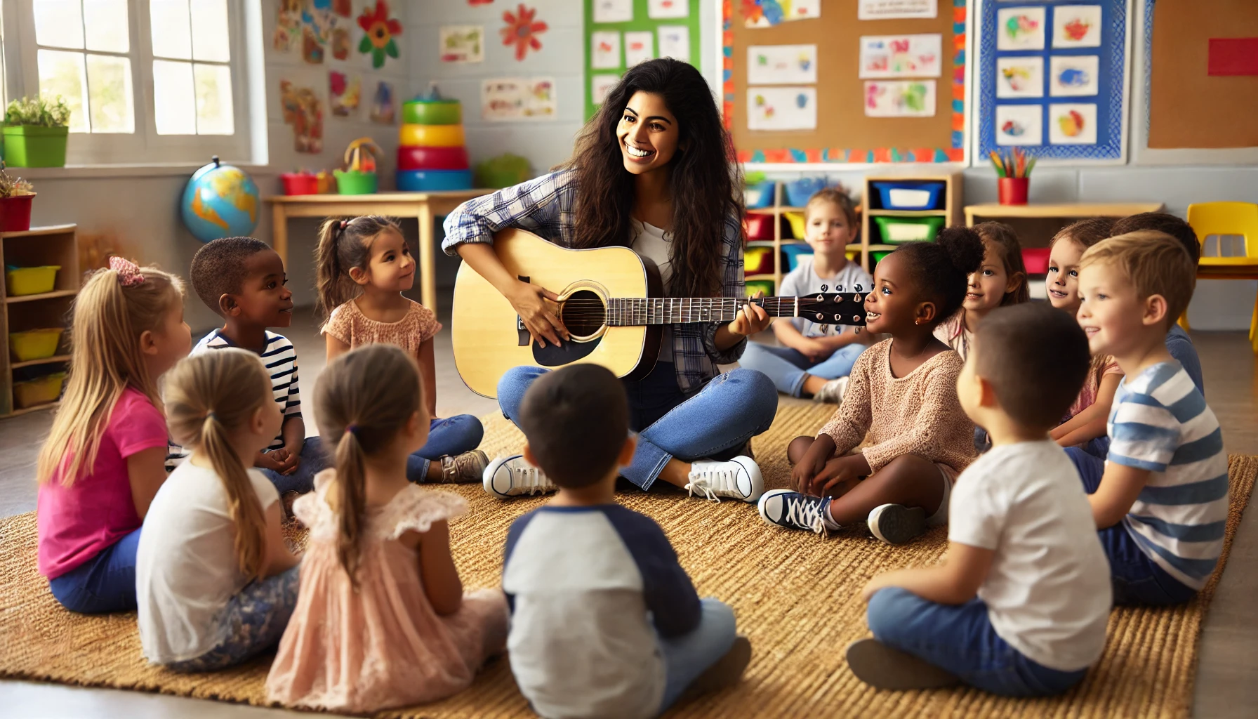 Eine fröhliche Kindergärtnerin sitzt im Schneidersitz auf einem Teppich und spielt Gitarre, während sie mit einem großen Lächeln ein Lied singt. Um sie herum sitzen Kinder im Halbkreis, die gespannt zuhören und lächeln. Die Kinder stammen aus verschiedenen Hintergründen, was eine bunte und vielfältige Gruppe zeigt. Der Raum ist bunt und kreativ dekoriert, mit Zeichnungen an den Wänden, einem Globus und Spielzeugregalen. Durch das Fenster strömt Tageslicht herein, und die warme Atmosphäre betont die freudige, lebhafte Lernumgebung.