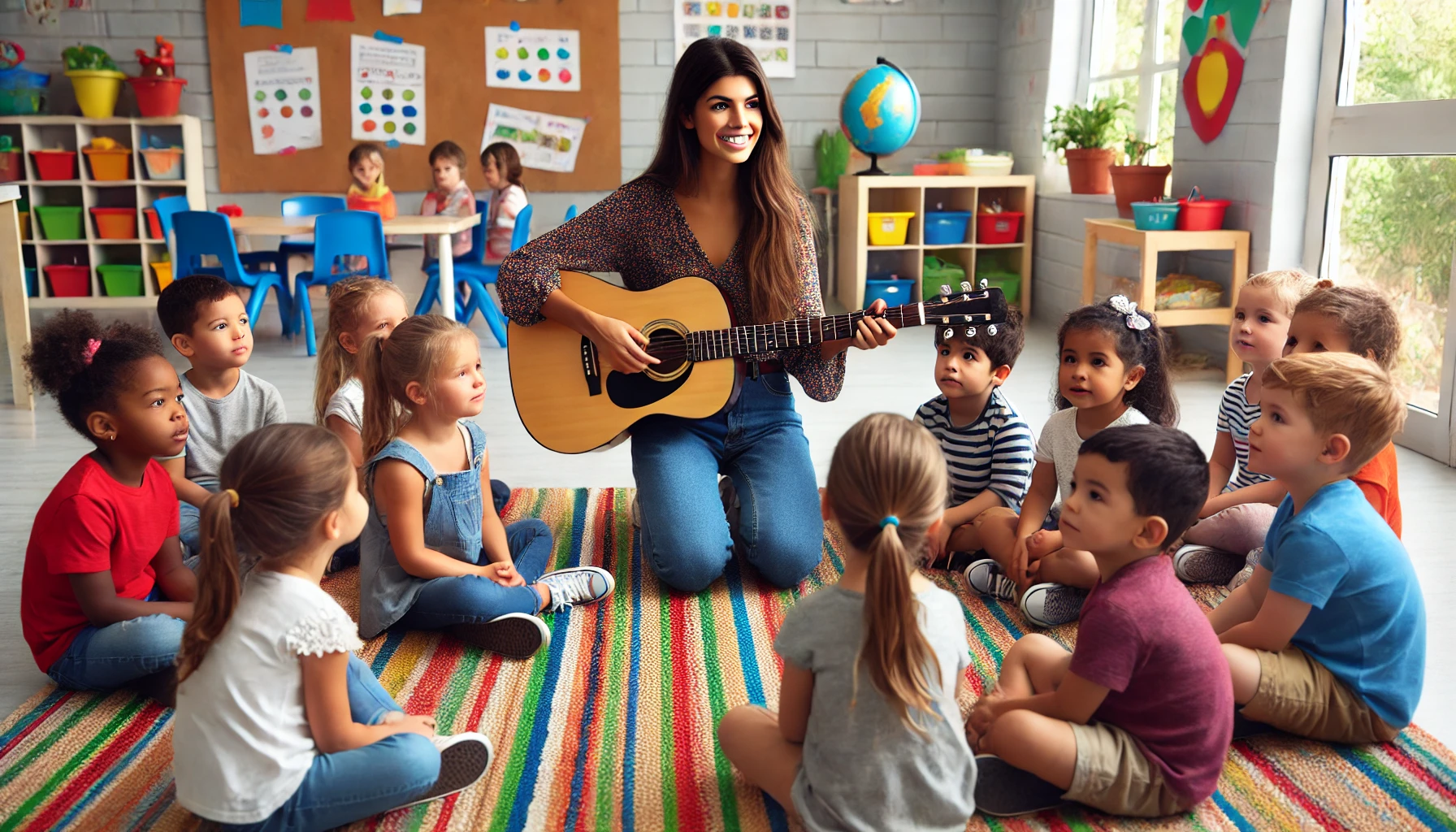 Eine lächelnde Kindergärtnerin sitzt auf einem bunten Teppich und spielt Gitarre, während sie von einer Gruppe aufmerksam lauschender Kinder umgeben ist. Die Kinder sitzen im Halbkreis um sie herum, ihre Blicke sind neugierig und interessiert. Im Hintergrund sieht man bunte Spielzeugregale, einen Globus und kreative Zeichnungen an den Wänden. Einige weitere Kinder sitzen an einem Tisch im hinteren Bereich des Raumes. Das helle Tageslicht fällt durch große Fenster, was den Raum fröhlich und einladend wirken lässt. Die Atmosphäre ist lebendig und zugleich freundlich, ideal für eine fröhliche Lernumgebung.