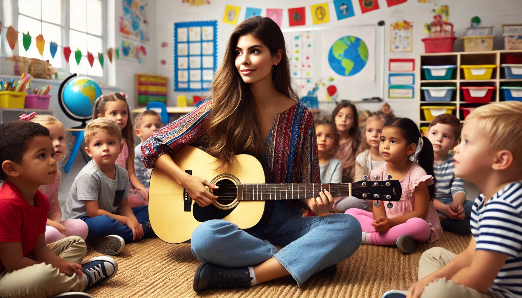 Eine Kindergärtnerin sitzt mit einer Gitarre im Schneidersitz auf einem Teppich, umgeben von einer Gruppe neugieriger Kinder, die ihr aufmerksam zuhören. Sie trägt ein farbenfrohes, gestreiftes Oberteil und lächelt leicht, während sie spielt. Die Kinder sitzen im Halbkreis um sie herum und wirken interessiert und konzentriert. Der Raum ist bunt dekoriert, mit Kinderzeichnungen, einem Globus und bunten Regalen im Hintergrund. Bunte Papiergirlanden hängen unter einem großen Fenster, durch das sanftes Tageslicht in den Raum fällt, was eine warme, einladende Atmosphäre schafft. Die Szene strahlt Freude und Harmonie in einem kreativen Lernumfeld aus.