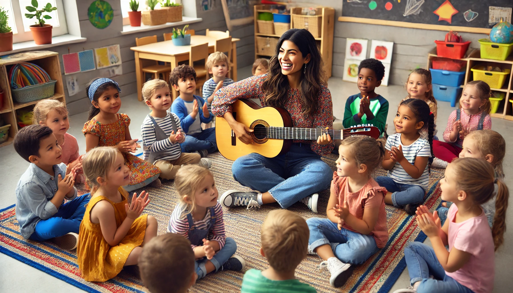 Eine fröhliche Kindergärtnerin sitzt auf einem bunten Teppich und spielt Gitarre, während sie von einer Gruppe begeisterter Kinder umgeben ist. Die Kinder sitzen im Halbkreis um sie herum, klatschen und lächeln freudig. Der Raum ist bunt und einladend gestaltet, mit Spielzeugregalen, Pflanzen und Zeichnungen an den Wänden. Im Hintergrund stehen Tische und Stühle, und durch das Fenster fällt Tageslicht herein, das eine warme Atmosphäre schafft. Die Kinder wirken engagiert und glücklich, während sie der Musik lauschen und an der Aktivität teilnehmen.