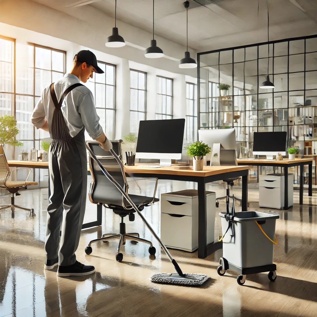 Ein Mann in grauer Arbeitskleidung und Kappe wischt den glänzenden Holzboden eines modernen Büros mit einem Wischmopp. Neben ihm steht ein Reinigungswagen mit einem Eimer. Die Schreibtische im Raum sind mit Computern, kleinen Pflanzen und Büromaterialien ausgestattet. Die Bürostühle haben Rollen, und große Fenster lassen viel Sonnenlicht herein. Im Hintergrund sind Regale mit Akten und Dekorationsgegenständen zu sehen. Der Raum wirkt hell und aufgeräumt, mit einer modernen und minimalistischen Einrichtung. Hängende Lampen beleuchten zusätzlich den Raum.