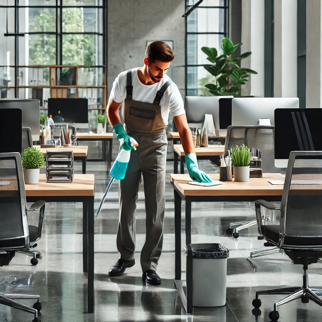 Ein Mann in grauer Arbeitskleidung und grünen Gummihandschuhen reinigt einen Schreibtisch in einem modernen Büro. In der einen Hand hält er eine Sprühflasche mit blauer Flüssigkeit, mit der anderen wischt er die Tischoberfläche ab. Auf dem Schreibtisch befinden sich eine kleine Pflanze, eine Ablage für Papier und Büromaterialien. Die Schreibtische im Hintergrund sind ähnlich ausgestattet, mit Computern und weiteren Pflanzen. Stühle mit Rollen stehen an den Arbeitsplätzen, und große Fenster lassen viel Tageslicht herein. Eine Topfpflanze steht im Hintergrund, und der Boden ist glänzend und sauber.