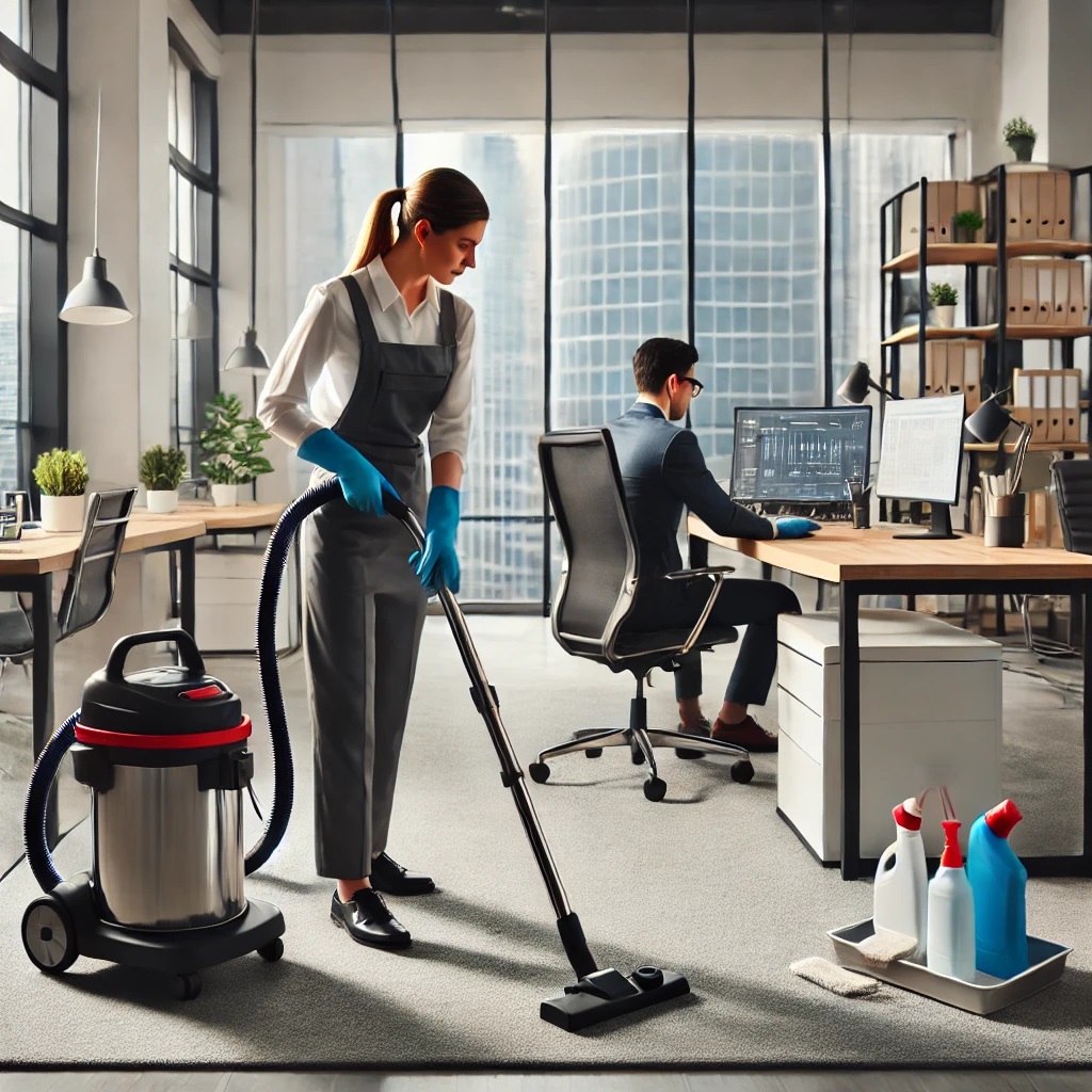 Eine Frau in grauer Arbeitskleidung und blauen Gummihandschuhen saugt mit einem Industriestaubsauger den Teppichboden eines modernen Büros. Im Hintergrund sitzt ein Mann im Anzug an einem Schreibtisch und arbeitet an einem Computer mit mehreren Bildschirmen. Auf den Schreibtischen stehen Computer, kleine Pflanzen und Büromaterial. Ein Regal mit Akten und Ordnern befindet sich an der Wand. Auf dem Boden steht eine Reinigungsbox mit verschiedenen Putzmitteln und Tüchern. Große Fenster bieten einen Blick auf umliegende Hochhäuser und lassen viel Tageslicht in den Raum.