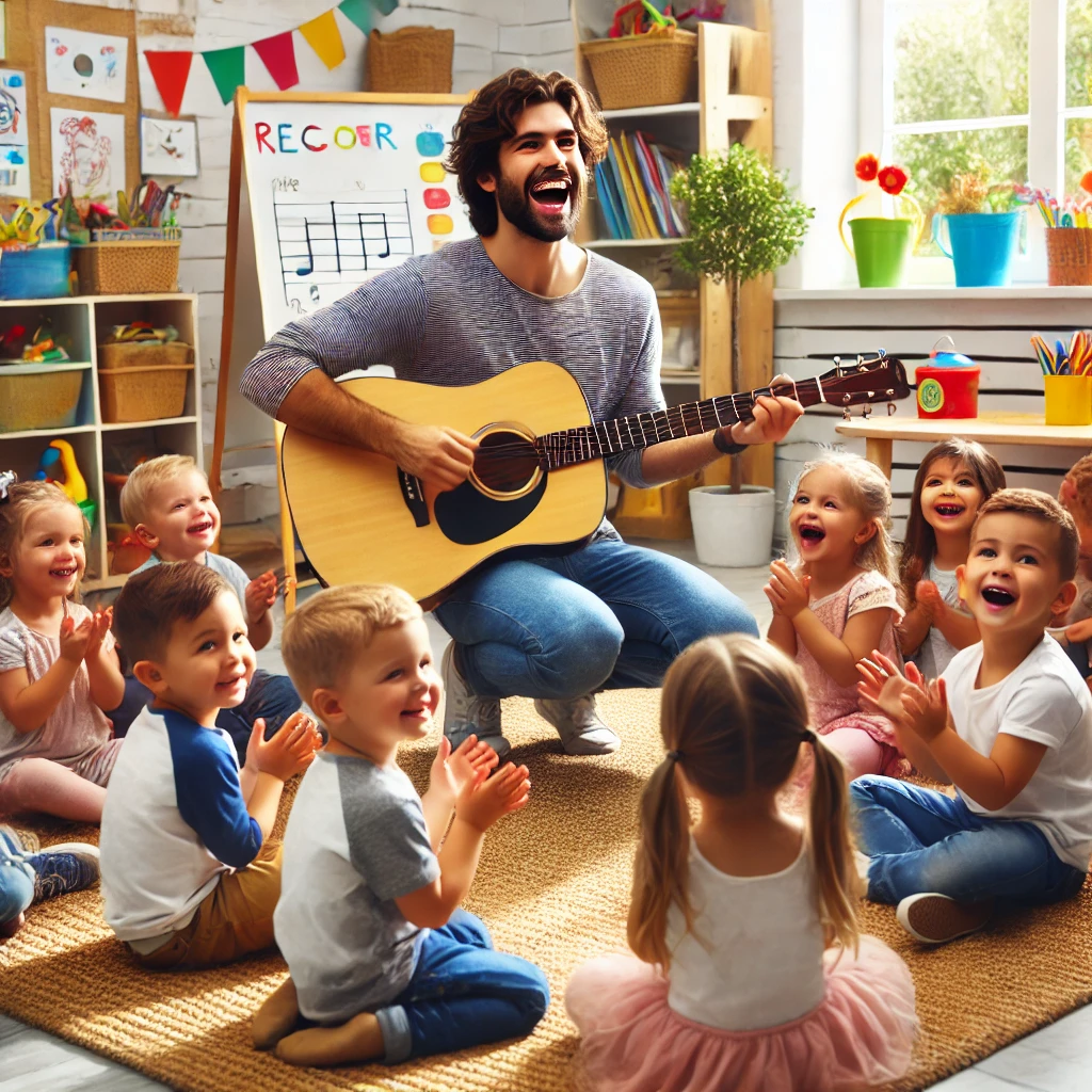 Ein fröhlicher Kindergärtner kniet auf einem Teppich und spielt Gitarre, während eine Gruppe von lachenden und klatschenden Kindern um ihn herum sitzt. Die Kinder sind begeistert und lächeln, während sie den fröhlichen Klängen der Musik lauschen. Der Raum ist bunt dekoriert, mit Regalen voller Bücher und Spielzeug, Zeichnungen an den Wänden und Pflanzen auf den Fensterbänken. Im Hintergrund ist eine Tafel mit Musiknoten zu sehen. Das Tageslicht fällt durch die Fenster und verleiht der Szene eine warme, lebendige Atmosphäre, die die Freude und den Spaß der Kinder noch verstärkt.