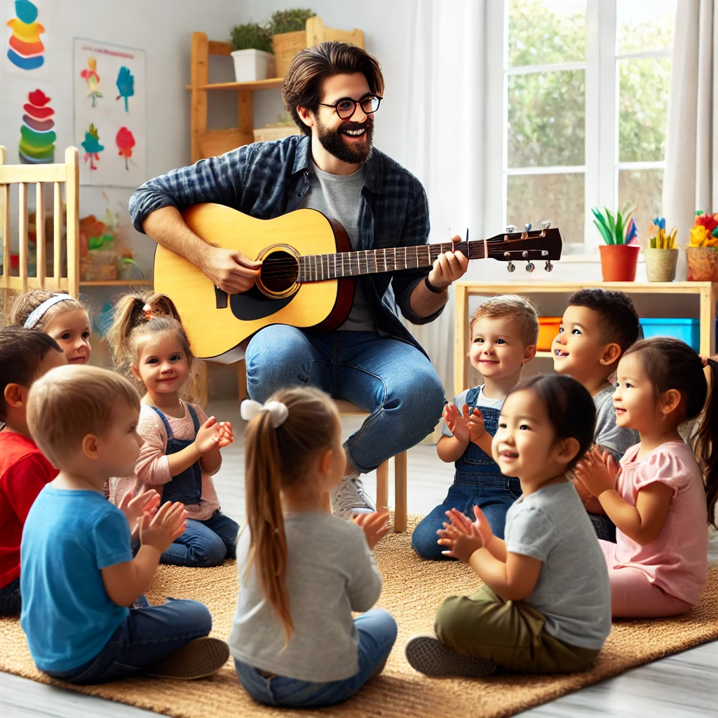 Ein Kindergärtner sitzt auf einem Stuhl und spielt fröhlich Gitarre, während eine Gruppe kleiner Kinder um ihn herum auf dem Boden sitzt und klatscht. Die Kinder sind begeistert und lächeln, während sie der Musik zuhören. Der Raum ist hell und einladend, mit bunten Dekorationen und Spielzeugen im Hintergrund. Pflanzen und Zeichnungen schmücken den Raum, und durch die großen Fenster fällt sanftes Tageslicht hinein. Die Szene strahlt Freude und Harmonie aus, während die Kinder aktiv am Musizieren teilnehmen.