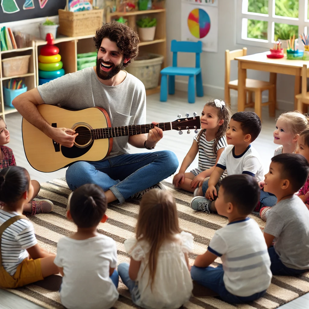 Ein Kindergärtner sitzt im Schneidersitz auf einem gestreiften Teppich und spielt fröhlich Gitarre, während eine Gruppe von Kindern um ihn herum sitzt und ihm aufmerksam zuhört. Die Kinder lächeln und sind begeistert, während sie die Musik genießen. Im Hintergrund sind bunte Spielsachen, Bücherregale und Zeichnungen zu sehen, die den Raum lebendig und einladend gestalten. Helles Tageslicht strömt durch die Fenster und schafft eine warme, freundliche Atmosphäre. Die Szene vermittelt Freude und Harmonie in einer kreativen Lernumgebung.