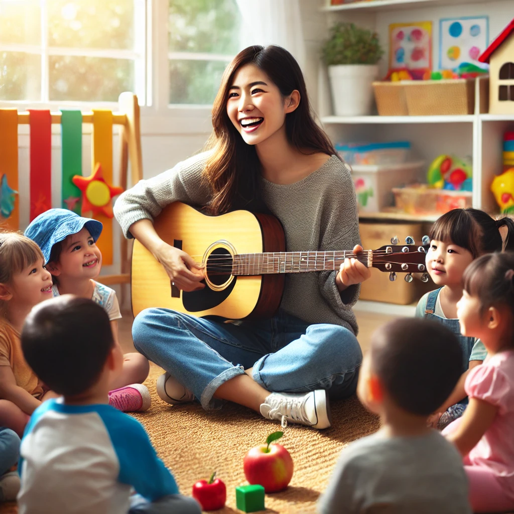 Eine Kindergärtnerin sitzt lächelnd im Schneidersitz auf einem Teppich und spielt Gitarre, während sie von einer Gruppe fröhlicher Kinder umgeben ist. Die Kinder hören aufmerksam zu, einige lächeln oder lachen. Vor ihnen liegen bunte Spielsachen und ein roter Apfel. Im Hintergrund sind Regale mit Spielsachen und Zeichnungen an der Wand zu sehen. Helles Tageslicht fällt durch ein Fenster, wodurch der Raum warm und einladend wirkt. Die Szene strahlt Freude und eine harmonische, kreative Atmosphäre aus.