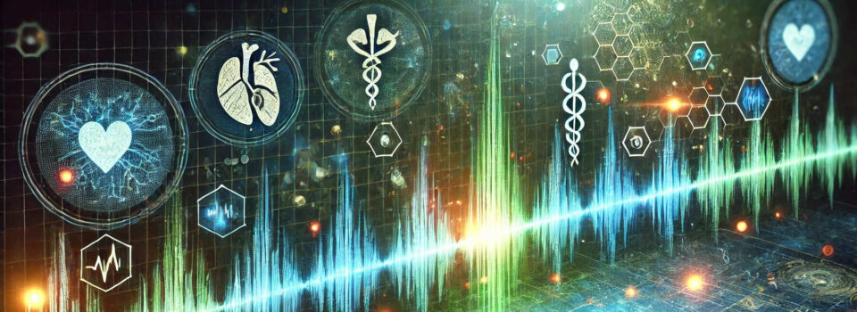 Digitale Gesundheitsicons, darunter ein Herz, Lunge und Äskulapstab, vor einem Hintergrund mit Audio-Wellenform.