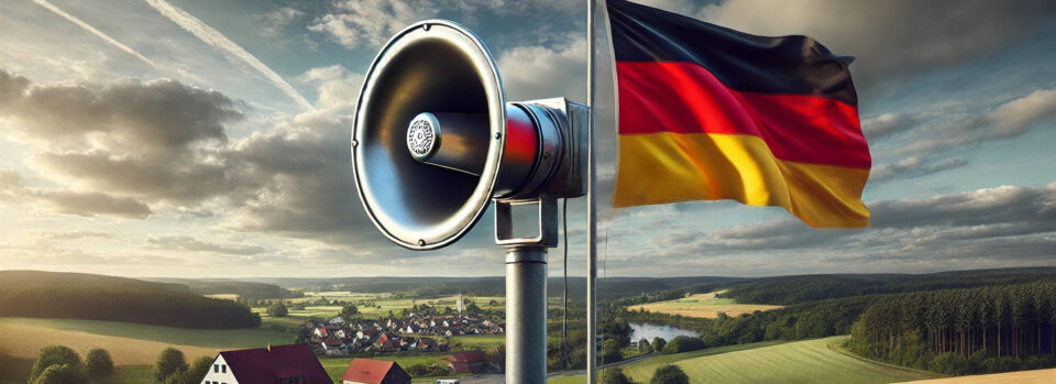 Lautsprecher und wehende deutsche Flagge vor einer ländlichen Landschaft mit Feldern, Wäldern und einem Dorf unter bewölktem Himmel.