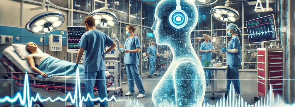 OP-Team in einem modernen Operationssaal mit holografischem KI-Assistenten und Überwachungsmonitoren für Vitalwerte.