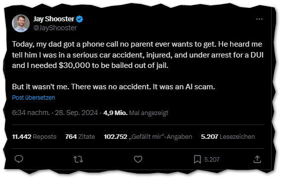 Tweet von Jay Shooster über einen KI-Betrug: Ein Anruf täuschte vor, er sei in einem Unfall und benötige 30.000 $ für Kaution.